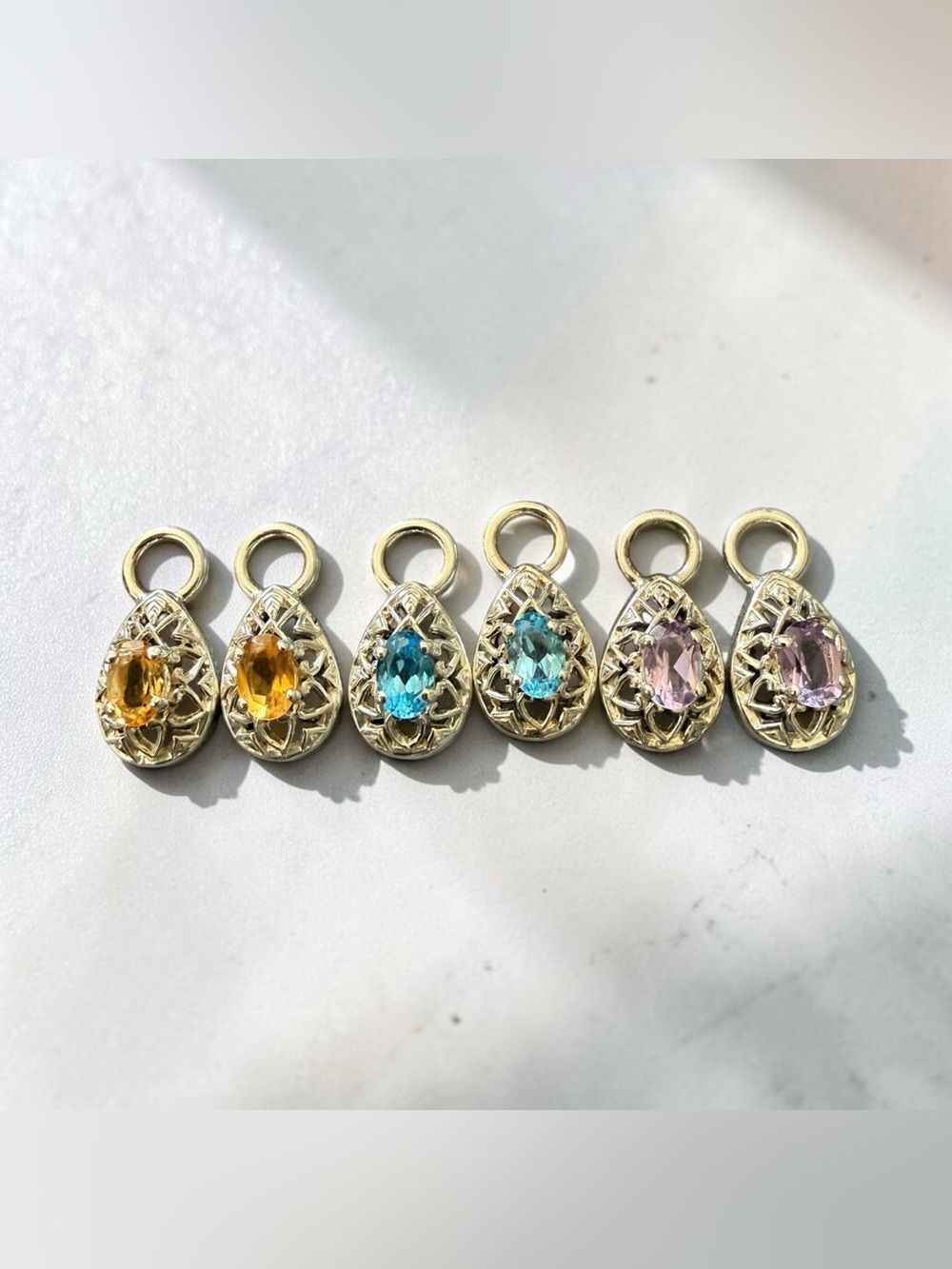 925 Sterling Silver Hoop Charm Set 3 Pairs Colorful Gemstone Thailand